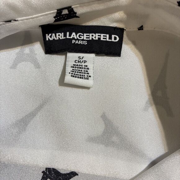 Karl Lagerfeld Paris Women Eiffel Tower Button Blouse Small White Black - Picture 2 of 7